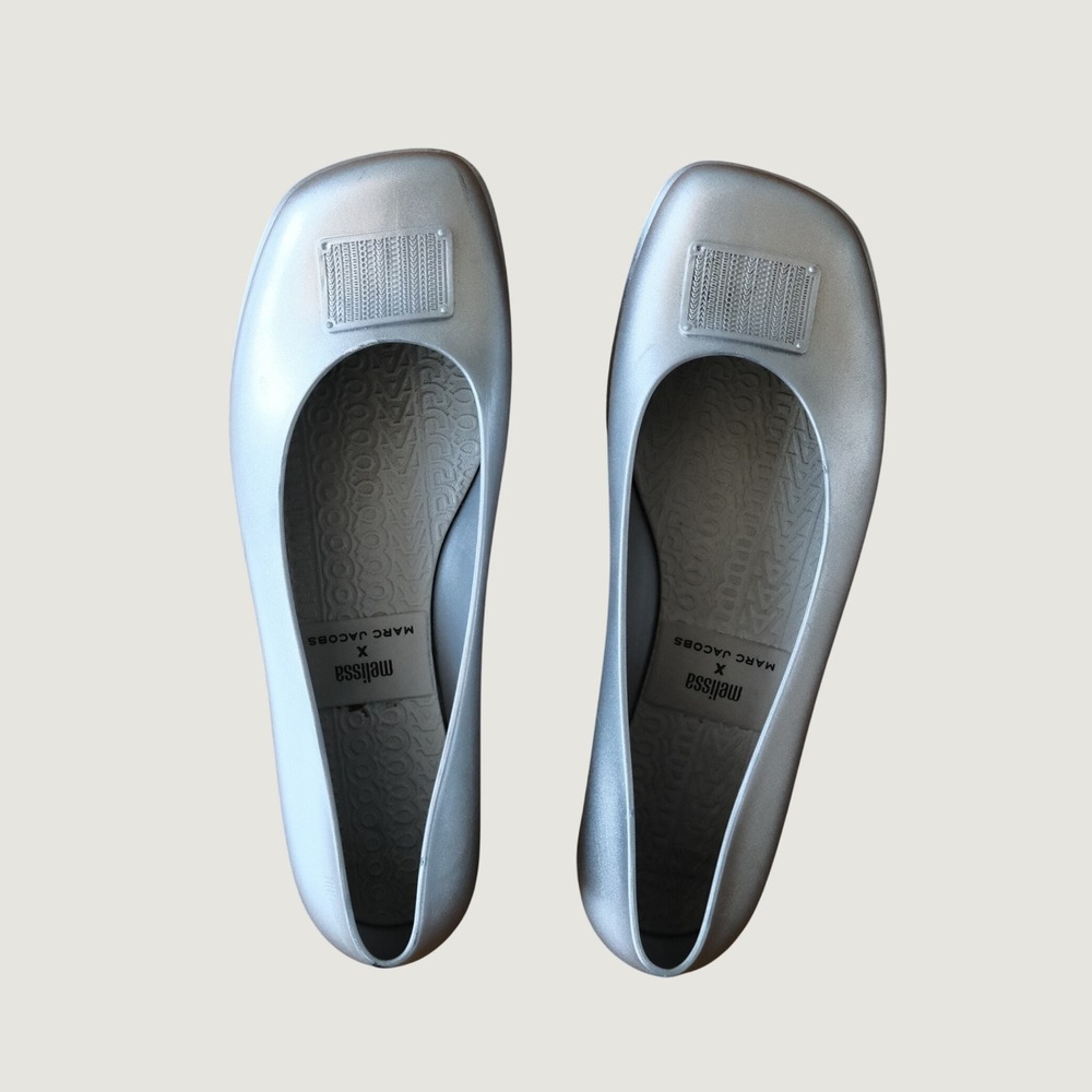 Marc Jacobs Melissa Ruby Ballerina Flats Silver Square Toe Melflex Shoes Size 9